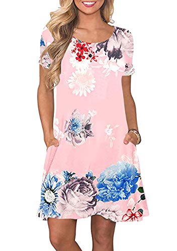 OMZIN Damen Strandmode Bedruckt Kurzarm Strandkleid Bequem Rundhals Strandkleider Rosa Pfingstrose 3XL von OMZIN