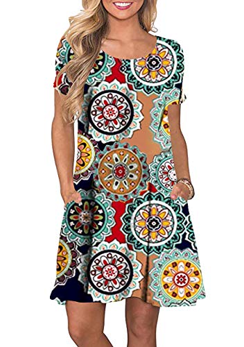 OMZIN Damen Strandmode Shirtkleid Locker Sommermode Kurzarm Swing Bedruckt Strandkleider Grüner Ring M von OMZIN