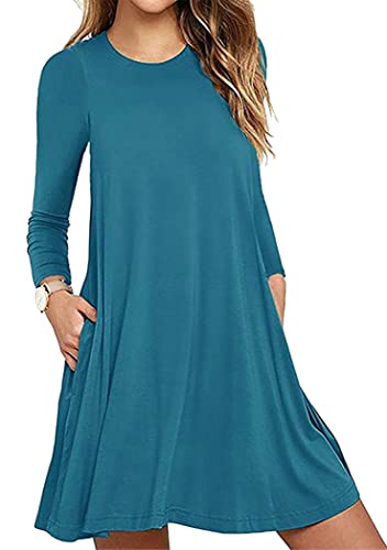 OMZIN Damen Strandmode Shirtkleid Rundhals Kleid mit Tasche mit Blumen Winterkleid Sommer Kleid Pfauenblau L von OMZIN