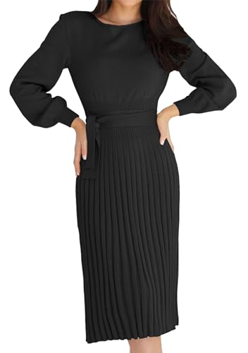OMZIN Damen Strickkleid Schlank Passform Langarm Kleid Lose Stilvolle Winter Pullover Kleid Solide Farbe Plissee Kleid Schwarz L von OMZIN