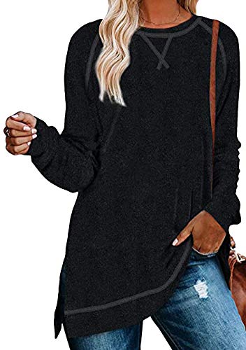 OMZIN Damen Sweatshirt Einfarbig Rundhals Farbblock Ausschnitt Langarmshirt mit Print Casual Lose Oberteil Herbst Shirts Tops Schwarz M von OMZIN