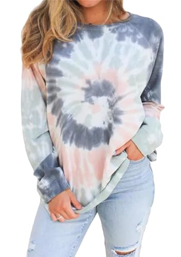 OMZIN Damen Sweatshirt Langärmelig Rundhalsausschnitt Bunt Frauen Plus Size Tie-dye Gedruckt Gradient Pullover Langarm Sweatshirt Top Grau/Blau S von OMZIN
