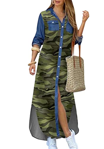 OMZIN Damen T Shirt Kleid Reverskragen Button Down Lose Bluse Tops Freizeitkleider Mit Tasche Tarnung XXL von OMZIN