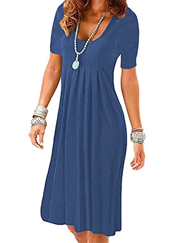 OMZIN Damen T-Shirt Kleid mit Twist Lässig Freizeitkleid Kurzarm Basic Kleider Sommerkleid Einfarbig Casual Dress Tunika Kleid Rundkragen Kurz Shortkleid Dunkel Blue L von OMZIN