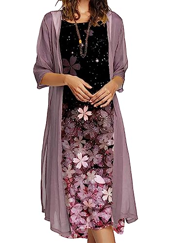 OMZIN Damen Tank Maxi Kleid Floral Print Flowy Ärmelloses Kleid Mit Chiffon Lange Jacke 2 Stück Set Hochzeitsgast Kleider Rosa L von OMZIN