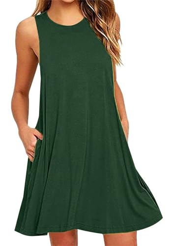 OMZIN Damen Tank Kleid Sommer Strand Kleid Mini Sonnenkleid Kleid ärmellos Rundhalsausschnitt A-Linie Casual Plissee Weste Kleid Tunika Grün S von OMZIN