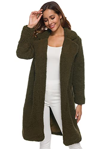 OMZIN Damen Teddy-Fleece Mantel Kuscheliger Langer Fleecemantel Plüschjacke Einfarbig Parka Kuschelige Kapuzenjacke Armeegrün S von OMZIN