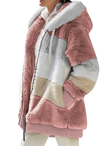 OMZIN Damen Teddy Fleece Reißverschluss Mantel mit Kapuze weiche flauschige Open Front Outwear Kapuzenjacke mit Tasche Rosa 3XL von OMZIN