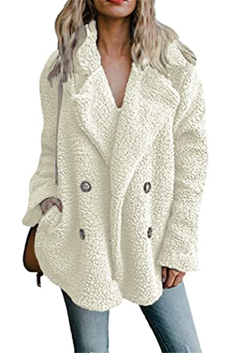 OMZIN Damen Teddybär Mantel Casual Flauschige Faux Fleece Jacke Offene Vorderseite mit Taschen Warm Cardigan Herbst Winter Weiß XL von OMZIN
