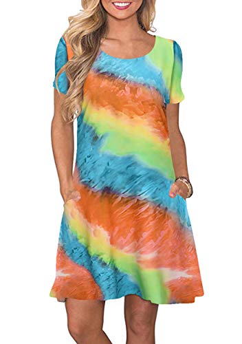 OMZIN Damen Tie Dye Sommerkleid Casual Kleid Vintage Minikleid Strandkleid Kurzarm Knielang mit Tasche Große Größen Orange XL von OMZIN