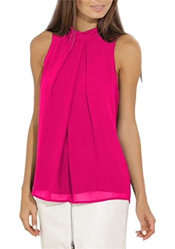 OMZIN Damen Tops Chiffon Bluse Einfarbig Ärmellos Damenbluse Fuchsia Festlich Sommer Bluse Elegant Shirt Vest Tops Fuchsia S von OMZIN