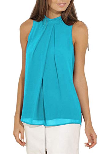 OMZIN Damen Tops Chiffon Bluse Einfarbig Ärmellos Damenbluse Himmelblau Festlich Sommer Bluse Elegant Shirt Vest Tops Himmelblau S von OMZIN