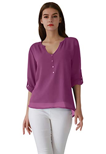 OMZIN Damen Tops Chiffon Langarm Shirts Casual Bluse Lose V-Ausschnitt Bluse T Shirt Top Violett XXL von OMZIN