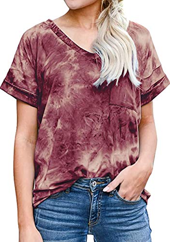 OMZIN Damen Tops V-Ausschnitt Baumwolle Tops Freizeitshirt Einfarbig Shirt Violett L von OMZIN