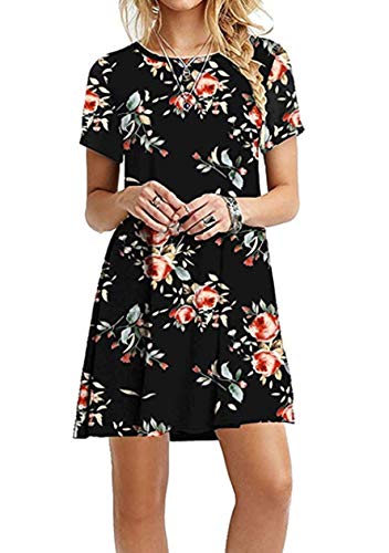 OMZIN Damen Tunika Kleid Kurzarm Sommerkleid Shirtkleid Casual Loose Lokeres Shirt Lang Schwarz Rosenblüten L von OMZIN