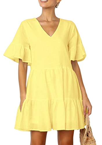 OMZIN Damen Tunika Rundhals Rüschen Lose Fließend Babydoll Swing Passform Minikleider Gelb XXL von OMZIN