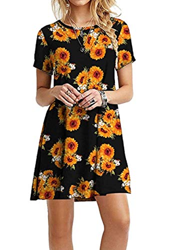 OMZIN Damen Tunika Shirtkleid Kleid Große Kurzes Größe Kleid Mini Longshirt Sommerkleid Plus Größe Schwarze Sonnenblume 3XL von OMZIN