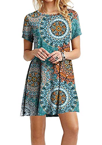 OMZIN Damen Tunika Sommer Kleid Kurzarm Sommerkleid Casual Loose Shirtkleid Lokeres Shirt Lang A-Line Flowy Blauer Jahresring M von OMZIN