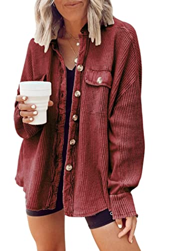 OMZIN Damen Übergroße Button Down Hemden Cordjacke Shacket Lässige Langarm Blusen Oberteile Weinrot M von OMZIN