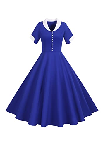 OMZIN Damen Umhängekragen 1950er Cocktailkleid Kurzarm Audrey Hepburn Einfarbig Midikleid Dunkelblau XS von OMZIN