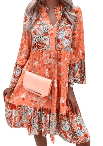 OMZIN Damen V-Ausschnitt Rüsche Elegant Mini Kurze Kleider Sommer Lange Puffärmel Bohemian Floral Print Kleid Orange XXL von OMZIN