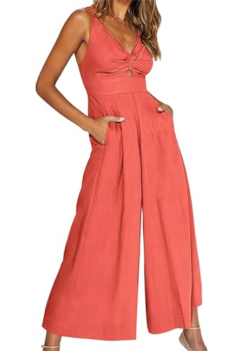 OMZIN Damen V-Ausschnitt Sommer Weites Bein Taschen Strampler Spaghetti-Träger Fest Farbe Ärmellos Jumpsuits Koralle S von OMZIN