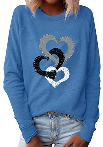 OMZIN Damen Valentinstag Sweatshirt Lange Ärmel Top Casual Herzmuster Tops mit Print Blau M von OMZIN