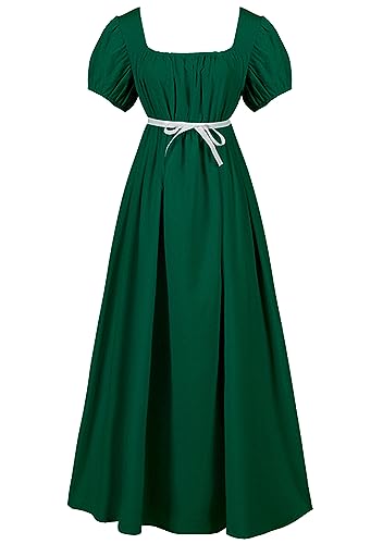 OMZIN Damen Viktorianisch Puffärmel Regency Kleid Viereckiger Ausschnitt Einfarbig Langes Kleid Renaissance Kostüm Dunkelgrün L von OMZIN