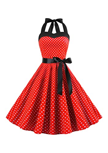 OMZIN Damen Vintage Ärmellos 1950er Cocktailkleider Halter Polka Dots Audrey Hepburn Hochzeitskleid Rot XS von OMZIN