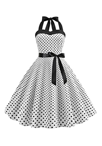 OMZIN Damen Vintage Ärmelloses Neckholder A-Linie Cocktailkleid Polka Dots Schlank Midi Flare Rockabilly Kleid Weiß L von OMZIN