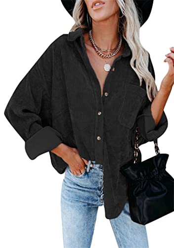 OMZIN Damen Vintage Cord Button Down Langarm Geripptes Hemd Mantel Shacket Top Schwarz S von OMZIN