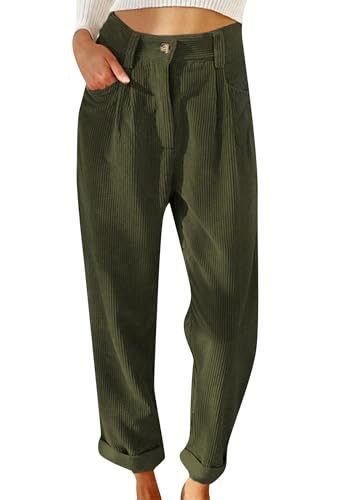 OMZIN Damen Vintage High Waisted Straight Leg Cord Hose Comfy Trouser with Pockets Army Green S von OMZIN