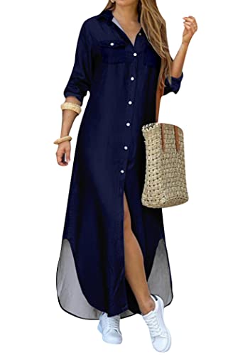 OMZIN Damen Vintage T-Shirt Kleid Button Down Lose Bluse Freizeitkleider Mit Tasche Marineblau S von OMZIN