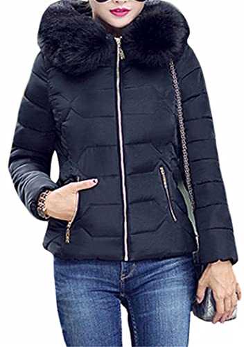 OMZIN Damen Warm Mantel Wintermantel Kurz Winterjacke Dickere Mit Kapuze Slim fit Outwear Parkajacke Reißverschluss Jacke Steppjacke mit Kunstpelz Schwarz M von OMZIN