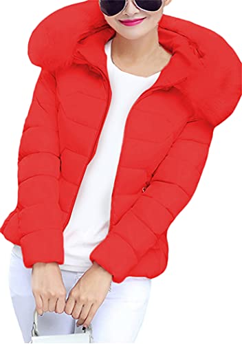 OMZIN Damen Warm Mantel Wintermantel kurz Winterjacke Dickere Mit Kapuze Slim fit Outwear Baumwollkleidung Parkajacke Reißverschluss Jacke Steppjacke mit Kunstpelz Halsband Rot S von OMZIN