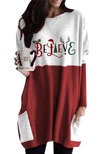 OMZIN Damen Herbst Weihnachten Langarm-T-Shirt Rundhalsausschnitt Schneemann Bedruckt Sweatshirt Mit Taschen T-Shirt Believe Rot XXL von OMZIN