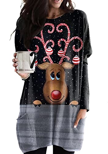 OMZIN Damen Weihnachten Crewneck Mini Kleid Rentier Print Sweatshirt Tops Mit Tasche Schwarz Elch XXL von OMZIN