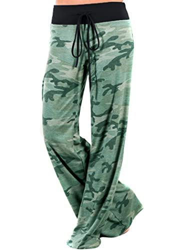 OMZIN Damen Weite Bein Lange Hose Yogahose mit Drawstring mit Tasche Baumwolle Loose Zuhausehose Lounge Hose mit Tasche Grün M von OMZIN