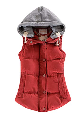 OMZIN Damen Weste Parka Übergang Mit Abnehmbarer Kapuze Outdoor-Weste Übergangsjacke Steppweste Burgundy XXS von OMZIN