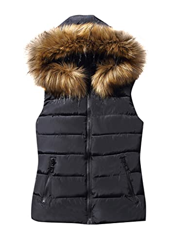 OMZIN Damen Weste mit Kapuze Fellkragen und Stehkragen Ärmellos Weste Steppweste Outdoor Schwarz XL von OMZIN