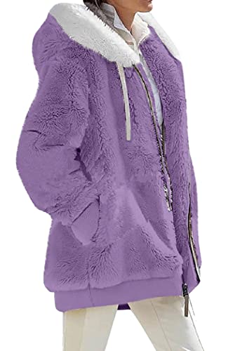 OMZIN Damen Winter Basic Einfache Jacke Einfarbig Warme Kapuzenjacke Reißverschlusstasche Einfarbiger Mantel Reines Lila XXL von OMZIN