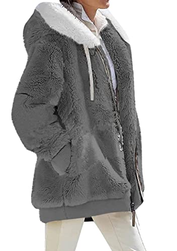 OMZIN Damen Winter Casual Einfacher Mantel Einfarbig Warme Kapuzenjacke Reißverschlusstasche Plüsch Strickjacke Reines Dunkelgrau 3XL von OMZIN