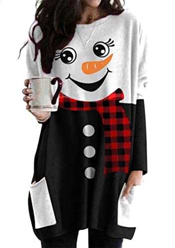 OMZIN Damen Winter Casual Langarm Rundhalsausschnitt Sweatshirt Einfacher Pullover Weihnachten Bedrucktes T-Shirt Schneemann Schwarz 3XL von OMZIN