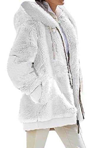 OMZIN Damen Winter Casual Übergröße Mantel Plüsch Einfarbig Lose Jacke Basic Reißverschlusstasche Cardigan Reines Weiß M von OMZIN