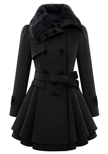 OMZIN Damen Winter Dufflecoat Wollmantel Camile mit Kapuze Übergangsjacke Schwarz M von OMZIN