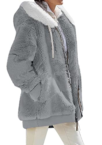 OMZIN Damen Winter Einfarbig Plus Größe Strickjacke Lässig Warmer Lockerer Mantel Basic Reißverschluss Plüschjacke Reines Hellgrau 4XL von OMZIN