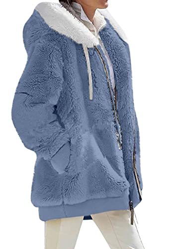OMZIN Damen Winter Lässig Einfarbig Mantel Lose Kapuzen Zip Jacke Plüsch Übergröße Strickjacke Mit Taschen Reines Blau M von OMZIN