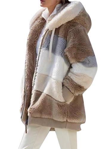 OMZIN Damen Winter Langarm Basic Jacke Mit Taschen Plüsch Einfache Strickjacke Einfarbig Warmer Freizeitmantel Khaki 5XL von OMZIN