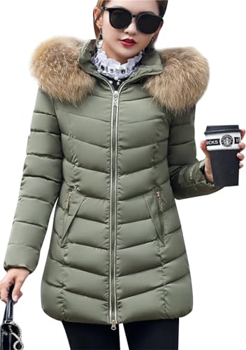 OMZIN Damen Winterjacke Lange Steppjacke Übergangsjacke Mit Kapuze Herbst Wintermantel Steppmantel Winterjacke Parka Mantel Lange Daunenjacke Army Green M von OMZIN