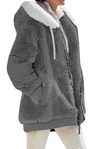 OMZIN Damen Winter Reißverschlusstasche Mantel Plus Größe Einfache Einfarbige Jacke Lose Warme Strickjacke Mit Kapuze Reines Dunkelgrau M von OMZIN